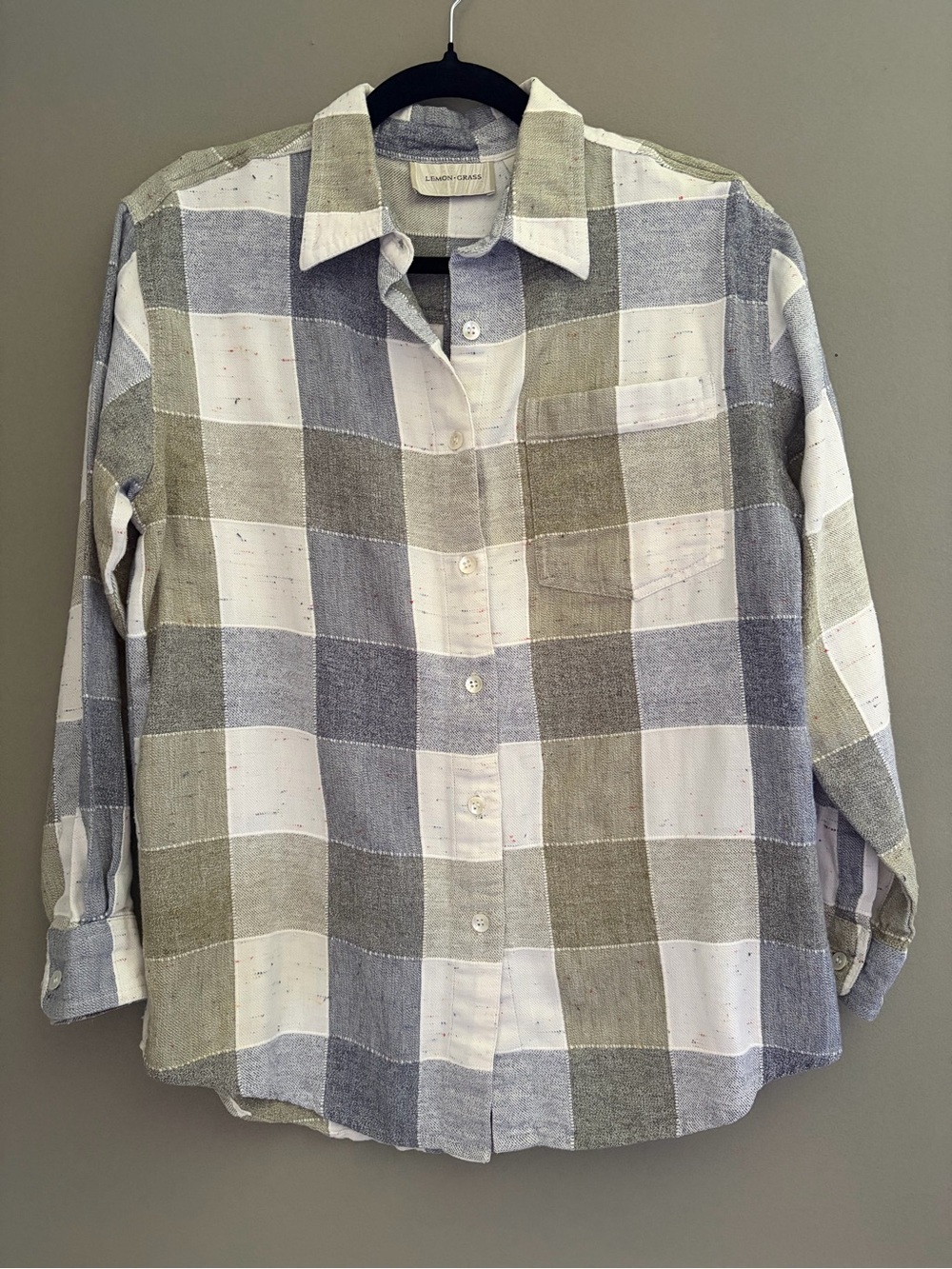 Lemon Grass Plaid Button Down Shirt Textured Cotton Blend Granola Cottagecore